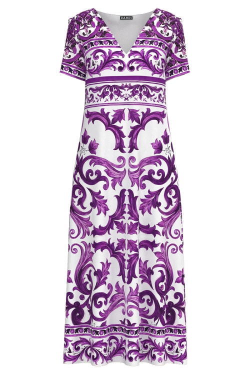 Rochie lunga de vara cu buzunare imprimata cu model floral oriental mov