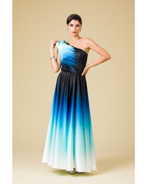 Rochie lunga eleganta din satin imprimat albastru in degrade cu detalii pe bust - Img 4