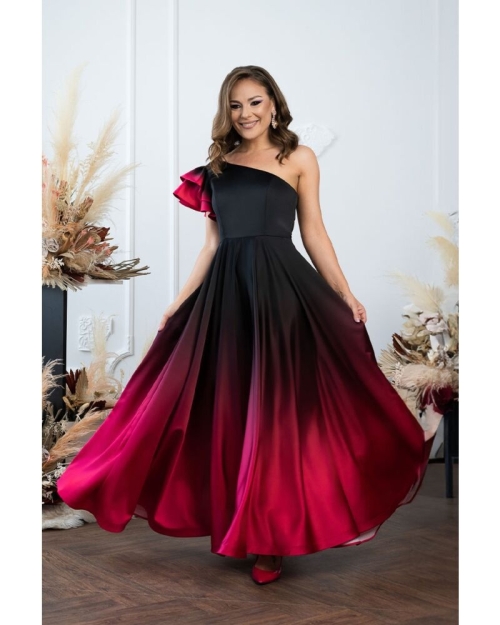 Rochie lunga eleganta din satin imprimat in degrade cu detaliu pe umar CMD4587 - Img 1