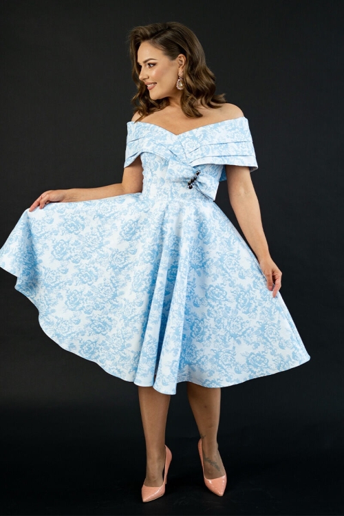 Rochie midi eleganta alba cu insertii florale bleu CMD4240 - Img 1