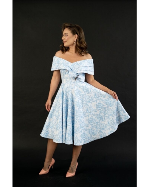 Rochie midi eleganta alba cu insertii florale bleu CMD4240 - Img 3