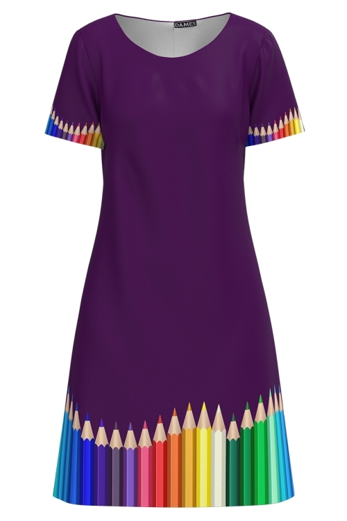 Rochie mov casual de vara cu maneca scurta Creioane colorate