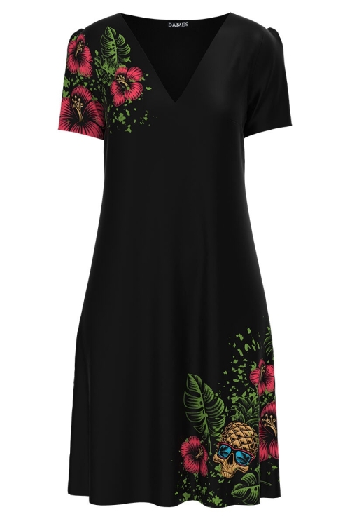 Rochie neagra casual de vara imprimată cu model Tropical CMD2799 - Img 2