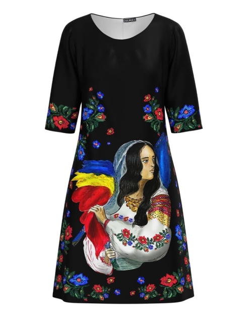 Rochie neagra casual imprimata Romancuta CMD3757