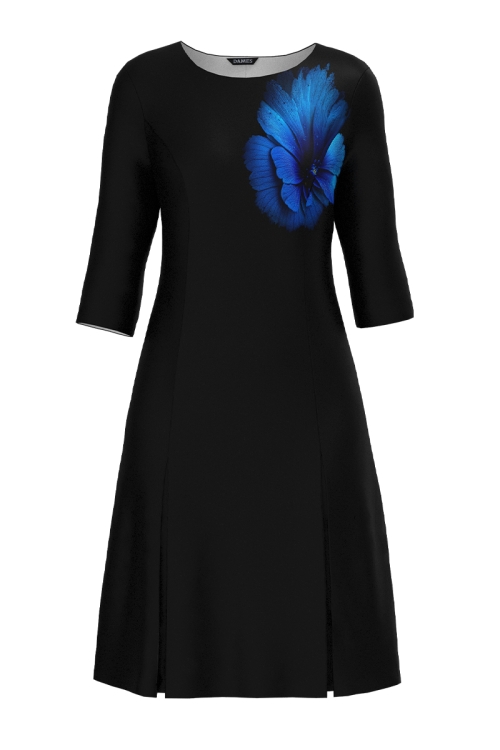 Rochie neagra cu pliuri imprimata floare albastra
