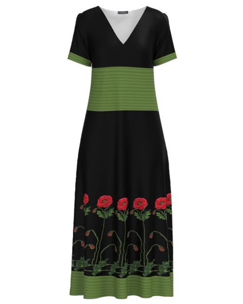 Rochie neagra de vara lunga cu buzunare imprimata Maci