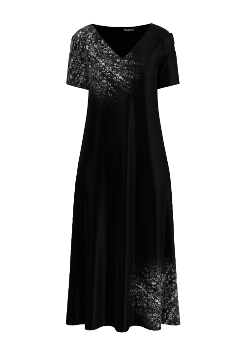 Rochie neagra de vara lunga cu buzunare imprimata picaturi de roua