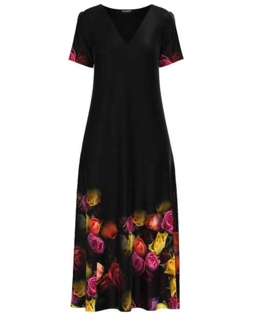 Rochie neagra de vara lunga cu buzunare imprimata trandafiri CMD2776 - Img 1