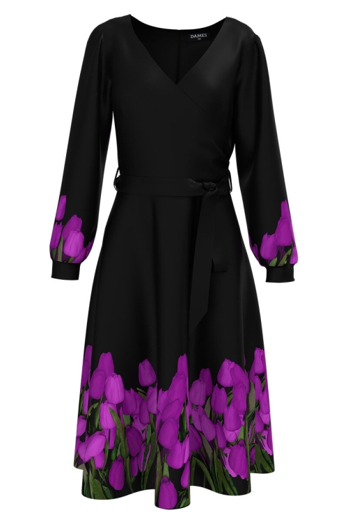 Rochie neagra eleganta cu maneca lunga imprimata Lalele