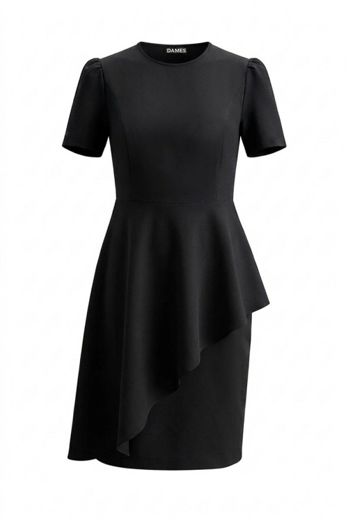 Rochie neagra eleganta cu maneca scurta si volan asimetric