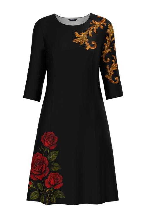 Rochie neagra eleganta in clini imprimata Noir Rose