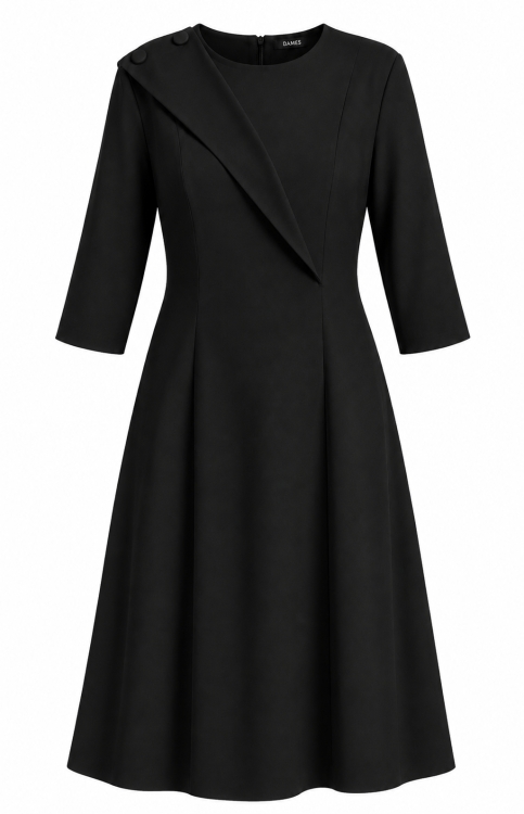 Rochie neagra in clini cu detaliu asimetric pe bust