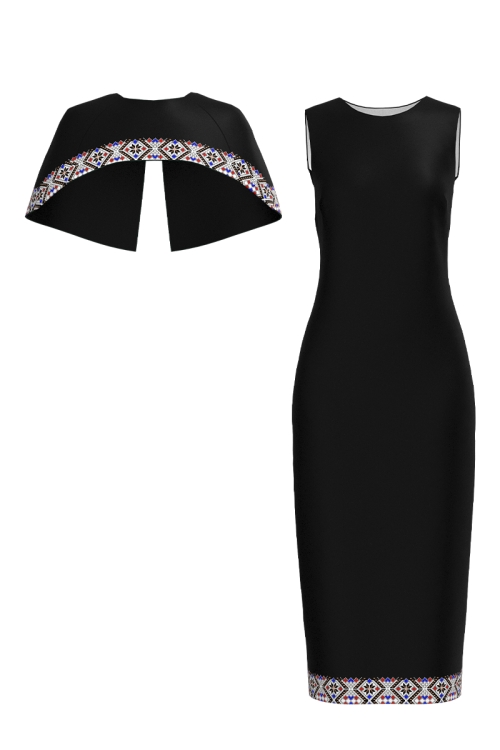 Rochie neagra lunga cu capa detasabila imprimata cu detalii traditionale - Img 2
