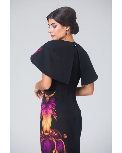 Rochie neagra lunga cu capa detasabila imprimata floral CMD4860 - Img 5