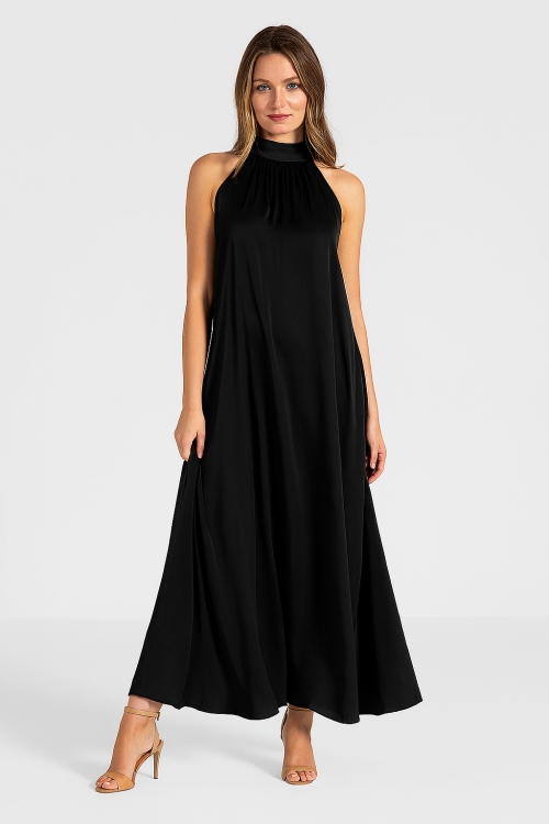 Rochie neagra lunga eleganta din vascoza satinata cu buzunare