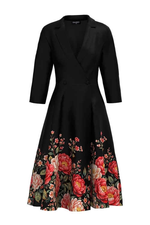 Rochie neagra tip pardesiu petrecuta cu imprimeu floral