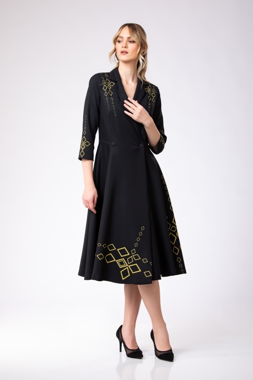Rochie neagra tip pardesiu petrecuta cu imprimeu Infinit - Img 2