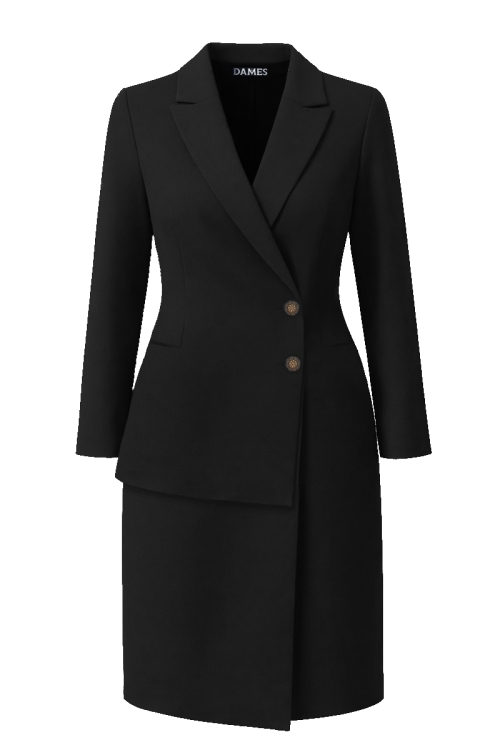 Rochie neagra tip sacou asimetrica cu nasturi bijuterie