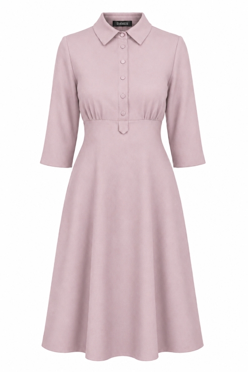 Rochie nude cu guler tip camasa si fusta clos din stofa fina Valeria