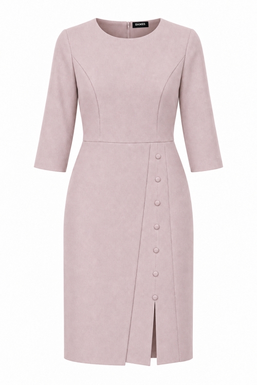Rochie nude din stofa Valeria cu decolteu rotund si slit pe picior