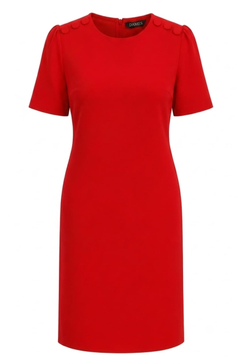 Rochie office rosie cu nasturi decorativi pe umeri