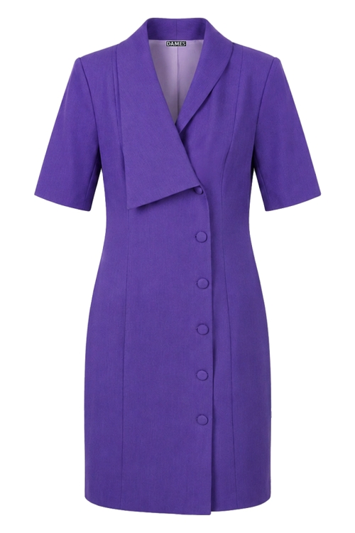 Rochie office violet cambrata cu rever asimetric si nasturi