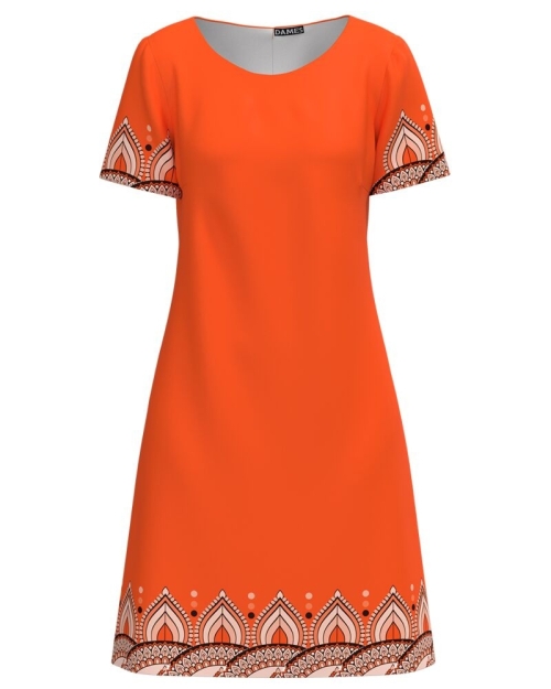 Rochie oranj evazata imprimata cu model Mandala CMD4465