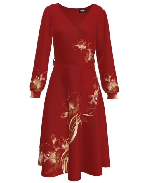 Rochie rosie eleganta cu maneca lunga imprimata Crini CMD1512