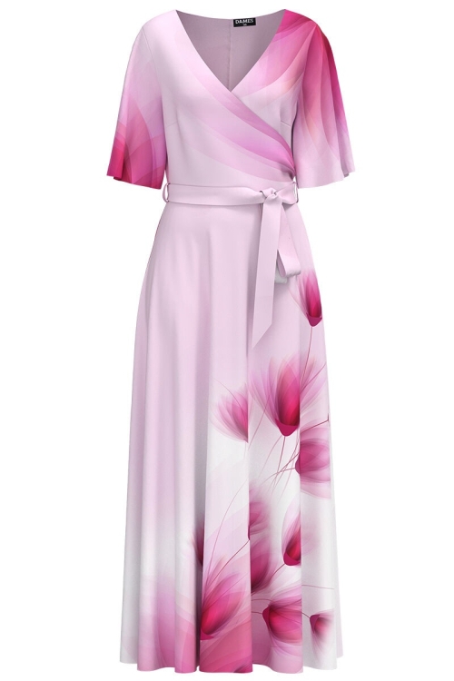 Rochie roz lunga eleganta de seara imprimata cu model floral CMD3994