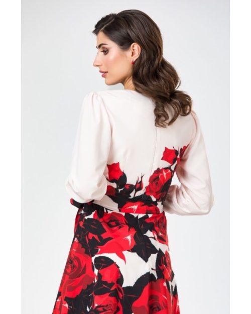 Rochie roz pal eleganta cu maneca lunga imprimata trandafiri - Img 5