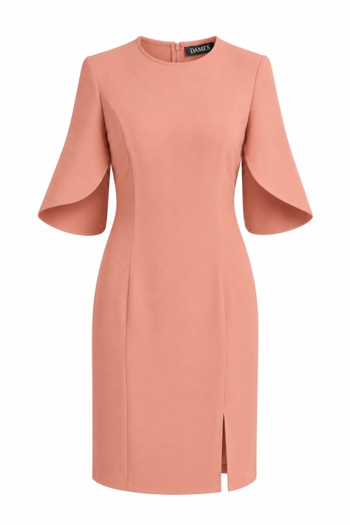 Rochie roz pudra eleganta cu maneci asimetrice si slit pe picior
