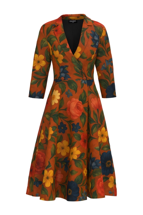 Rochie tip pardesiu petrecuta caramiziu cu imprimeu floral si buzunare