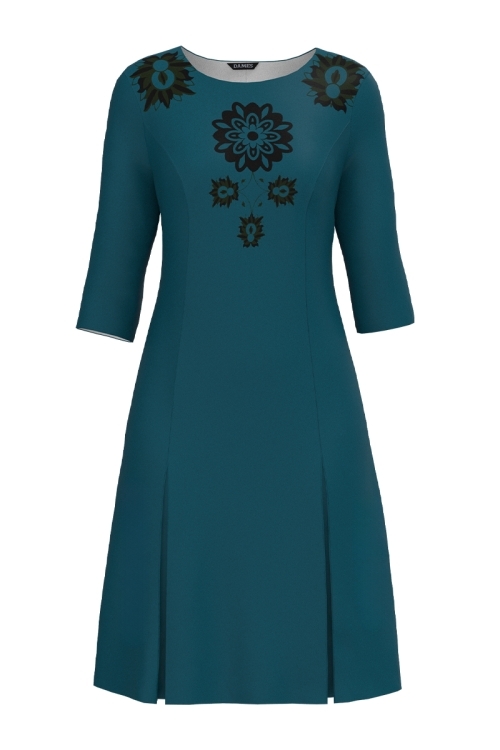 Rochie verde cu pliuri imprimata traditional
