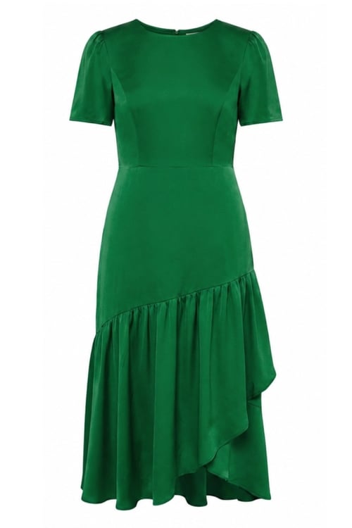 Rochie verde din vascoza satinata cu volane asimetrice