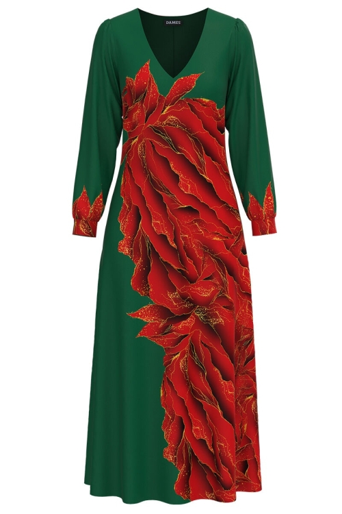 Rochie verde eleganta cu maneca lunga imprimata cu model floral CMD3643 - Img 2