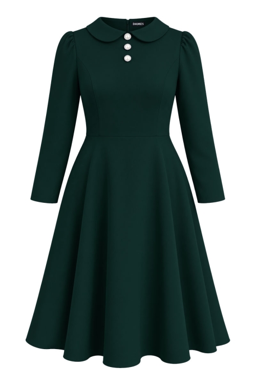 Rochie verde inchis semiclos cu guler rotund si maneci lungi