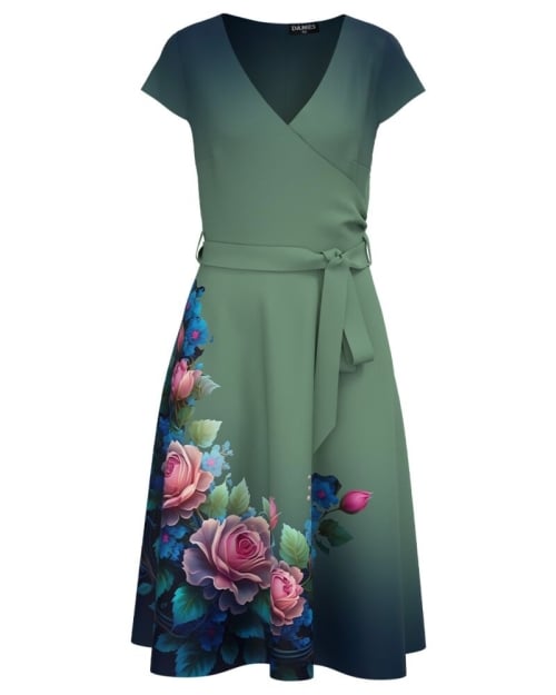 Rochie vernil in degrade cu maneca scurta imprimata cu model floral - Img 1