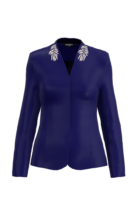 Sacou bleumarin elegant din velur cu guler inalt imprimat floral