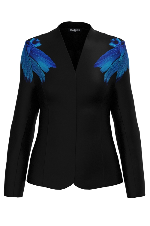 Sacou elegant negru din velur cu guler inalt imprimat floare albastra