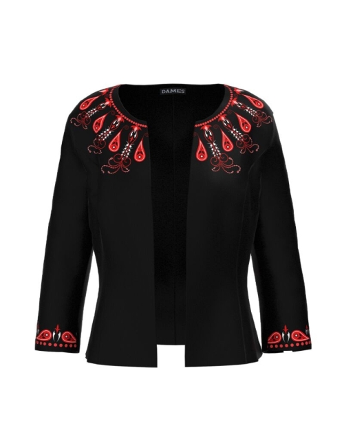 Sacou negru cambrat imprimat cu model Etnic rosu CMD3052