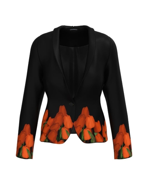 Sacou negru cambrat imprimat cu model Lalele oranj CMD4187 - Img 1