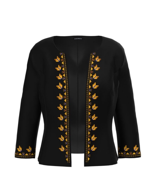 Sacou negru cambrat imprimat cu model traditional CMD2257