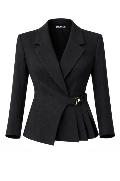 Sacou premium negru elegant cu pliuri in talie si catarama