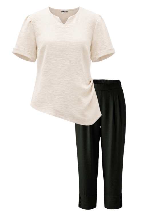 Set bej din vascoza pantalon trei sferturi si bluza cu decolteu in V