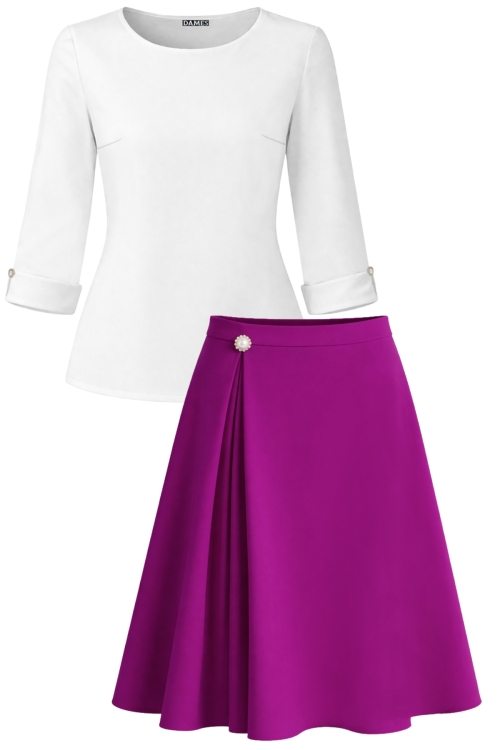 Set dama bluza alba din voal si fusta magenta in clos cu pliuri