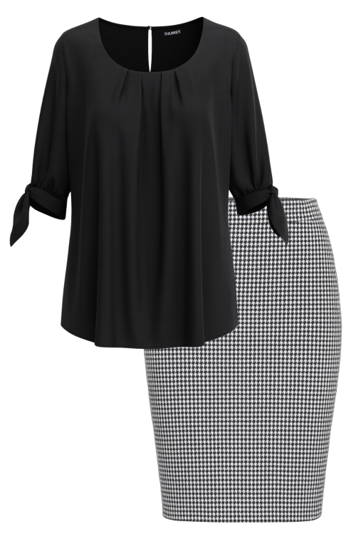 Set dama bluza neagra cu plii si fusta pepeit