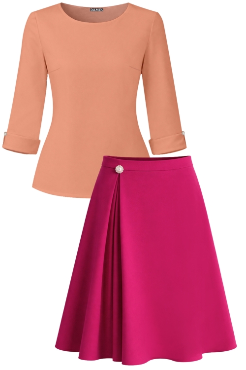 Set dama bluza roz somon din voal si fusta roz trandafiriu in clos cu pliuri