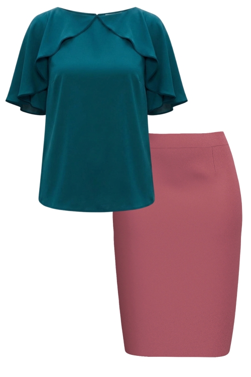 Set dama bluza verde din vascoza si fusta conica roz antic