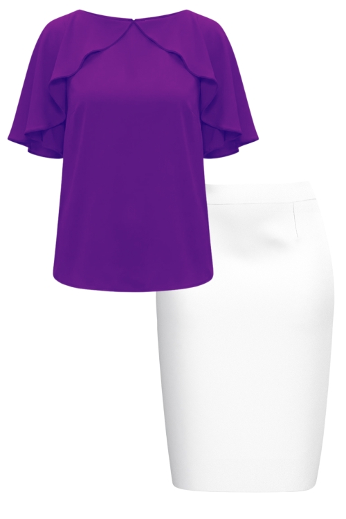 Set dama bluza violet din vascoza si fusta conica alba