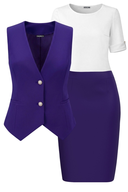 Set dama cu bluza alba, vesta si fusta conica violet